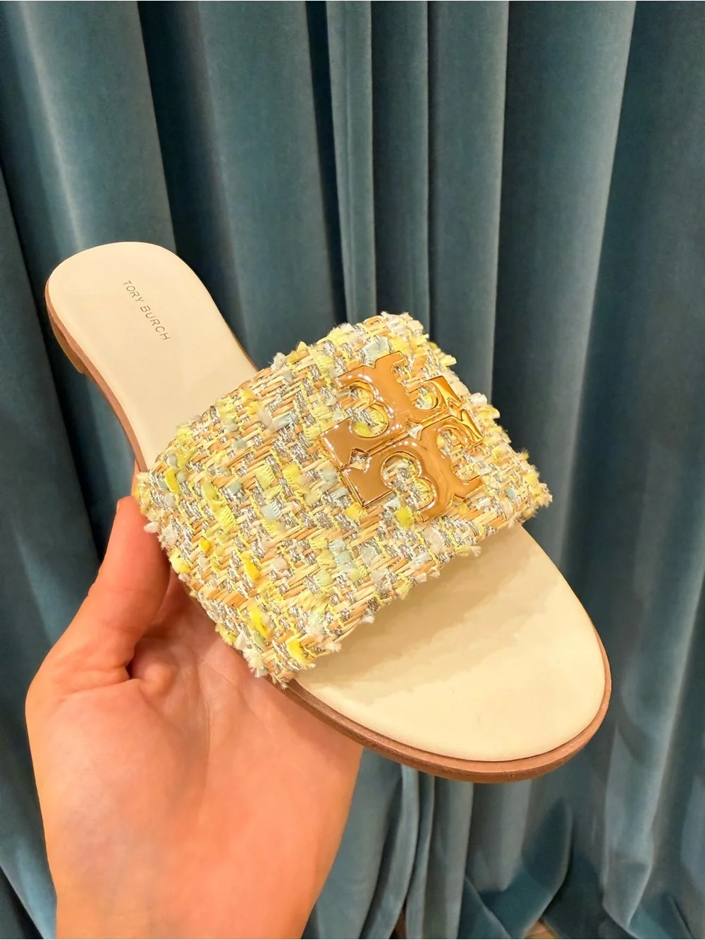 Tory Burch Everly Tweed Flat Slide Sandals Gold Logo Multicolor